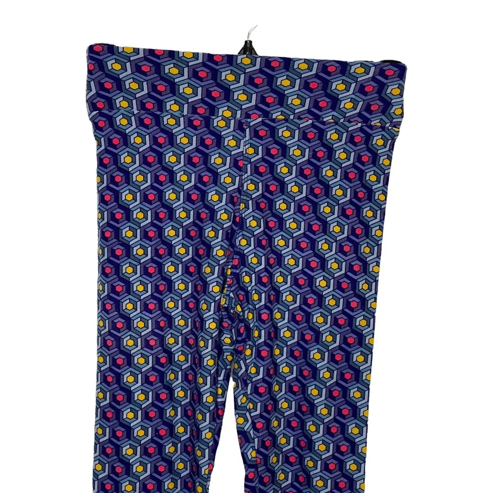 LuLaRoe Tween Kids Geometric Hexagon Leggings Blue Yellow Pink  Mod Slim Fit